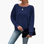 Women's Sweater with Boat Neck and Striped Surface - Image 4