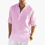 Stand Collar Linen Shirt with Button Placket for Men - Image 6