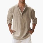 Casual Men's Linen Shirt – Long Sleeve, Henley Style - Image 7