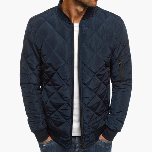 Men's Quilted Bomber Jacket with Zipper and Arm Pocket