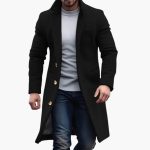 Men's Long Coat with Notched Lapel and Button Closure