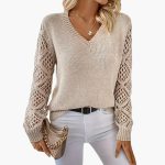 Women's Fine Knit Sweater with V-Neck and Long Sleeves