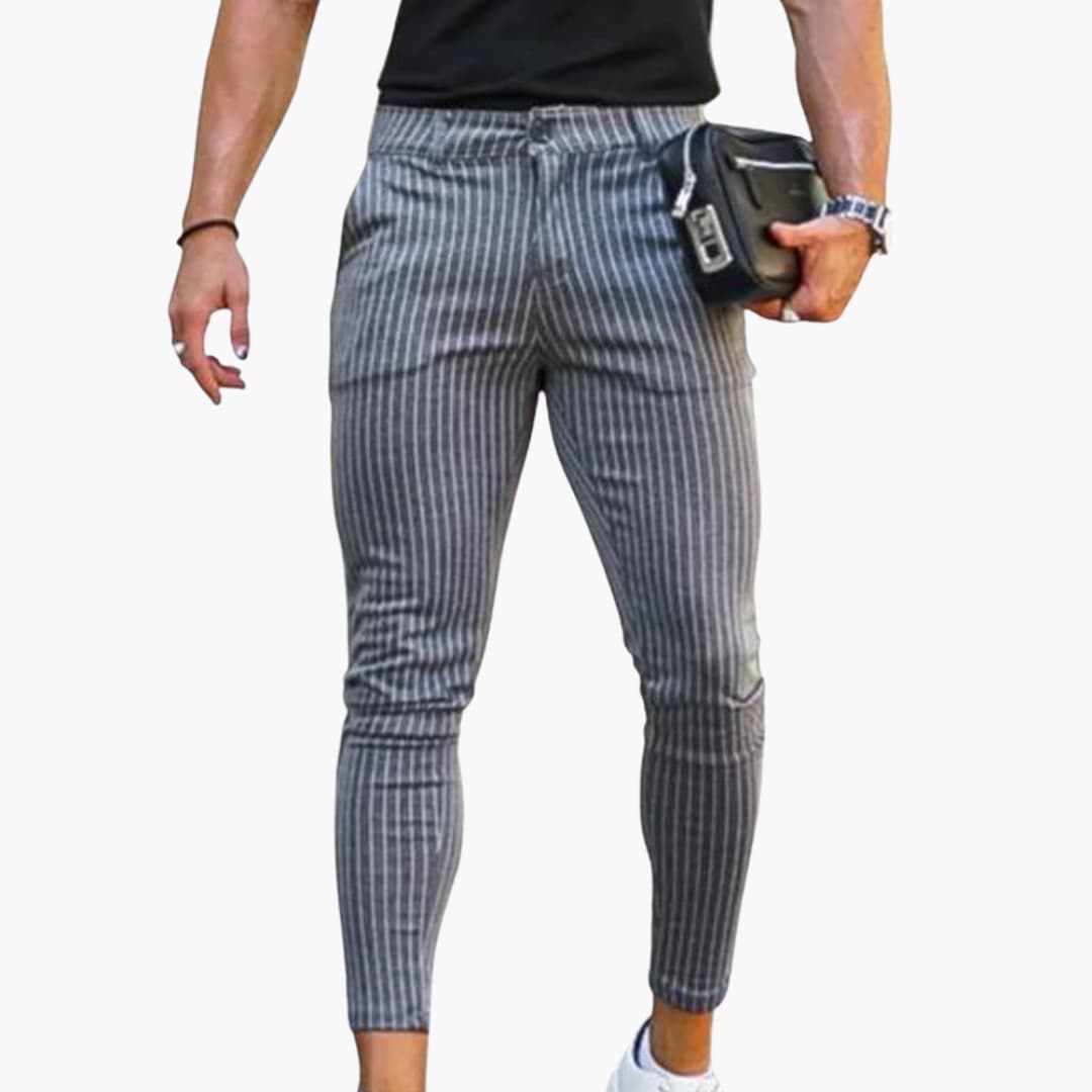 1_57.jpg Men's Chino Pants with Stretch Waistband and Striped Summer Fabric - Image 1