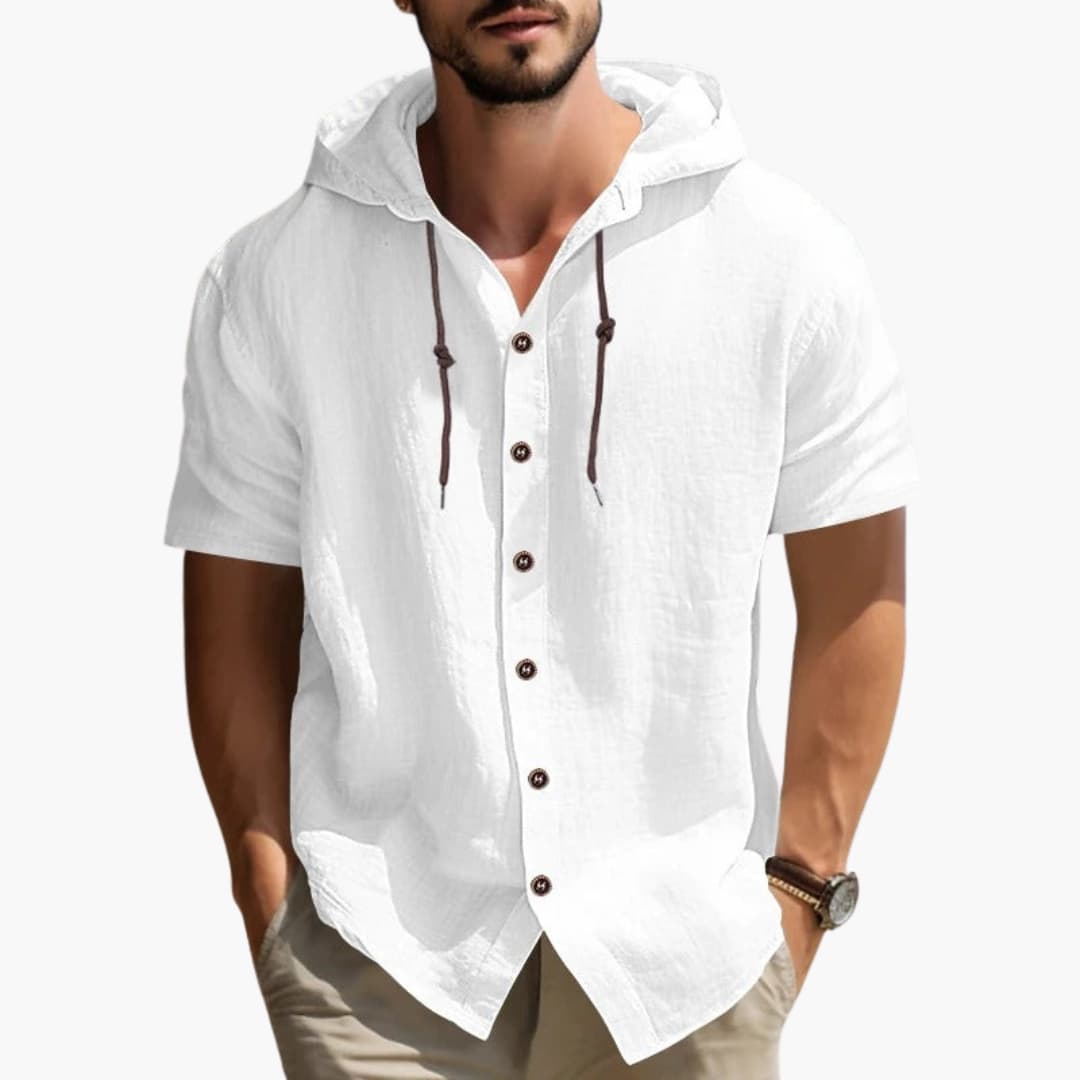 1_59_d21f22db-83b2-41b0-b1ce-a43414c6df94.jpg Men's Hooded Summer Shirt with Short Sleeves and Button Placket - Image 1