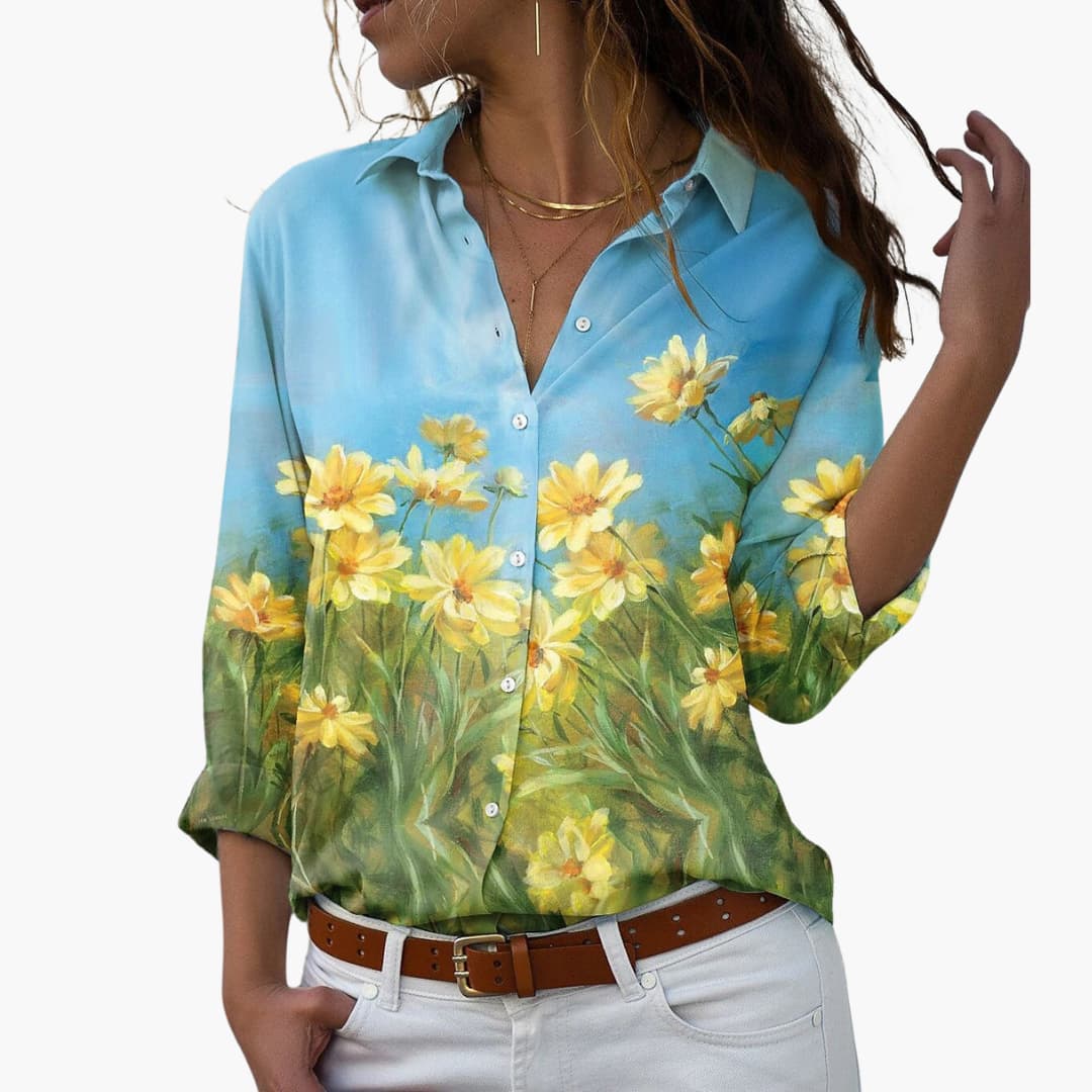 1_5_132484f5-6f72-4c87-ba22-89b5cc1aa8fb.jpg Flower Print Women's Blouse with Button Placket and V-Neck - Image 1