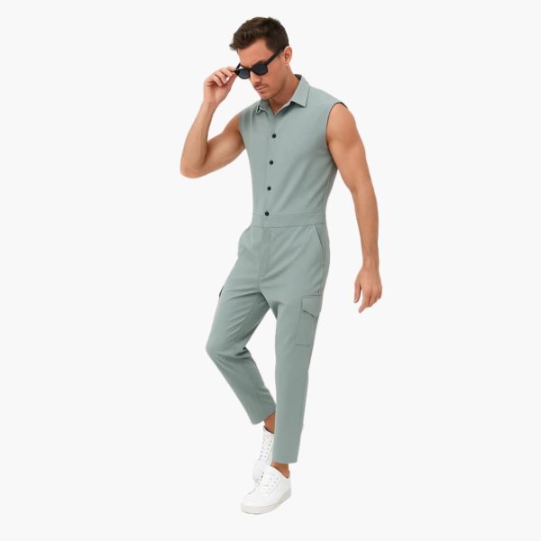 Sleeveless Jumpsuit for Men with Cargo Pockets and Button Placket