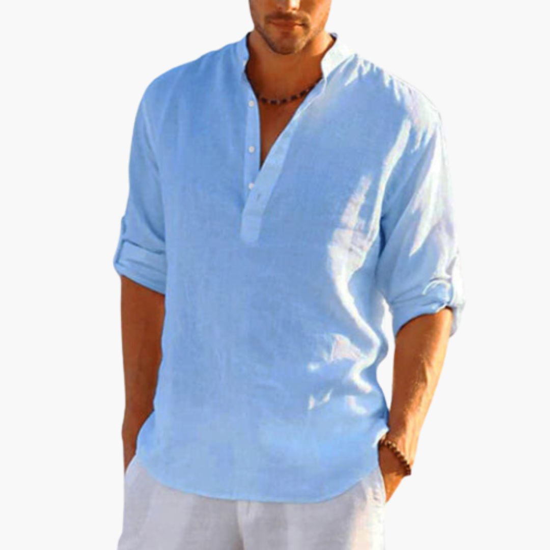1_7a224b04-7026-4896-bd50-c1f5bb5224e0.png Stand Collar Linen Shirt with Button Placket for Men - Image 1