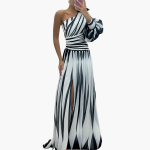 Striped One-Shoulder - Women's Elegant Maxi Dress with Slit