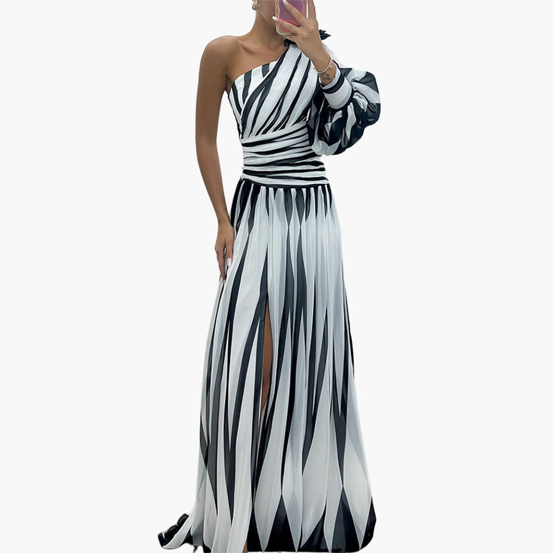 1_7a946a43-f4ae-4dc4-81fe-5240377573a4.png Striped One-Shoulder - Women's Elegant Maxi Dress with Slit - Image 1