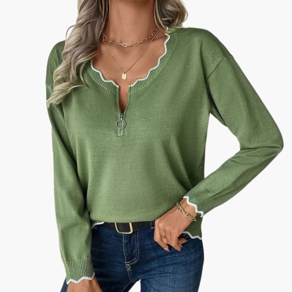 Women's Sweater with Decorative Zipper and Ruffle Details