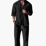 Men's Summer Two-Piece Set with Drawstring Pants and Long Sleeve Shirt - Image 3