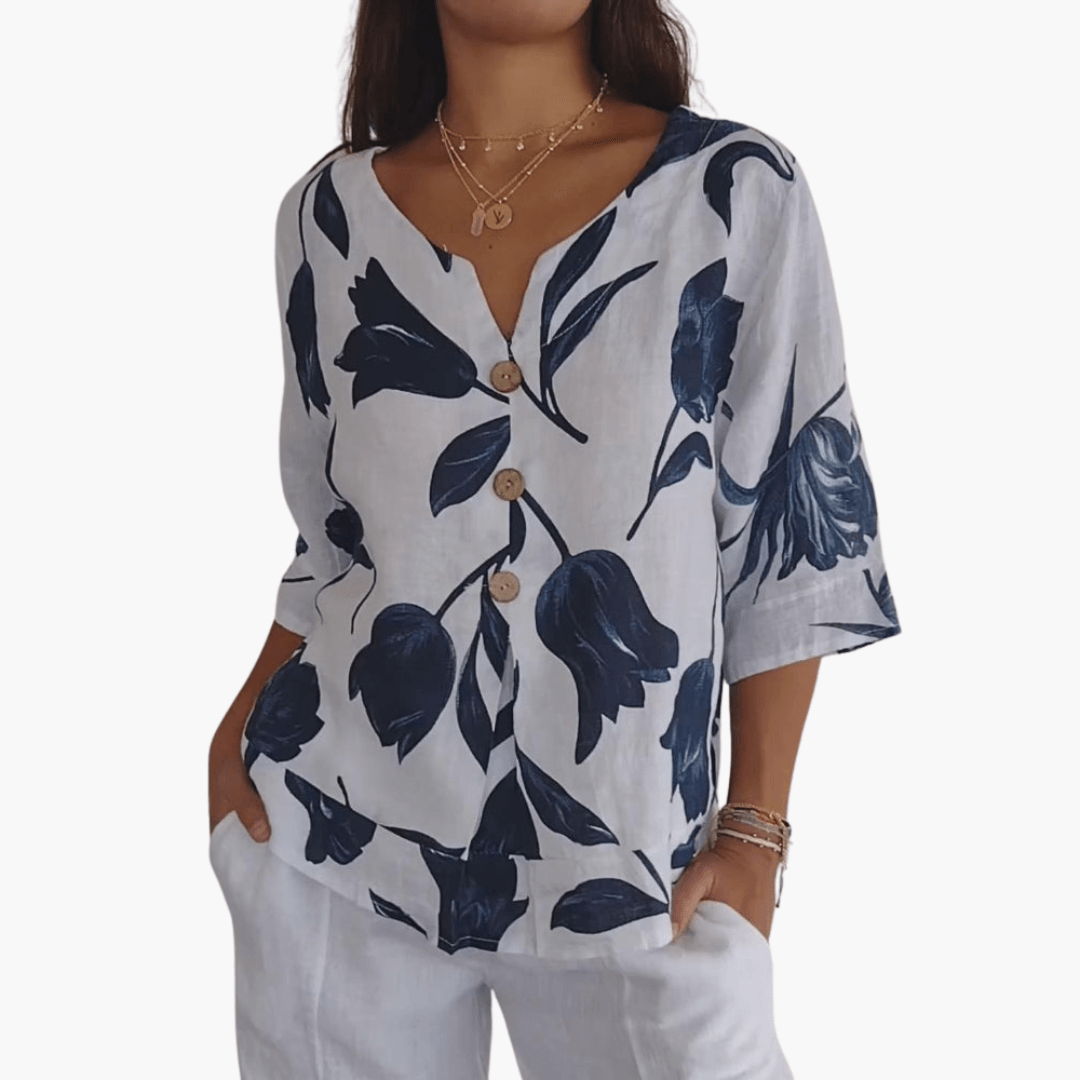 1_a290848b-417b-499a-9e5b-4f2e34dfa6cd.png Women's Floral Print Blouse – Summer V-Neck Top - Image 1
