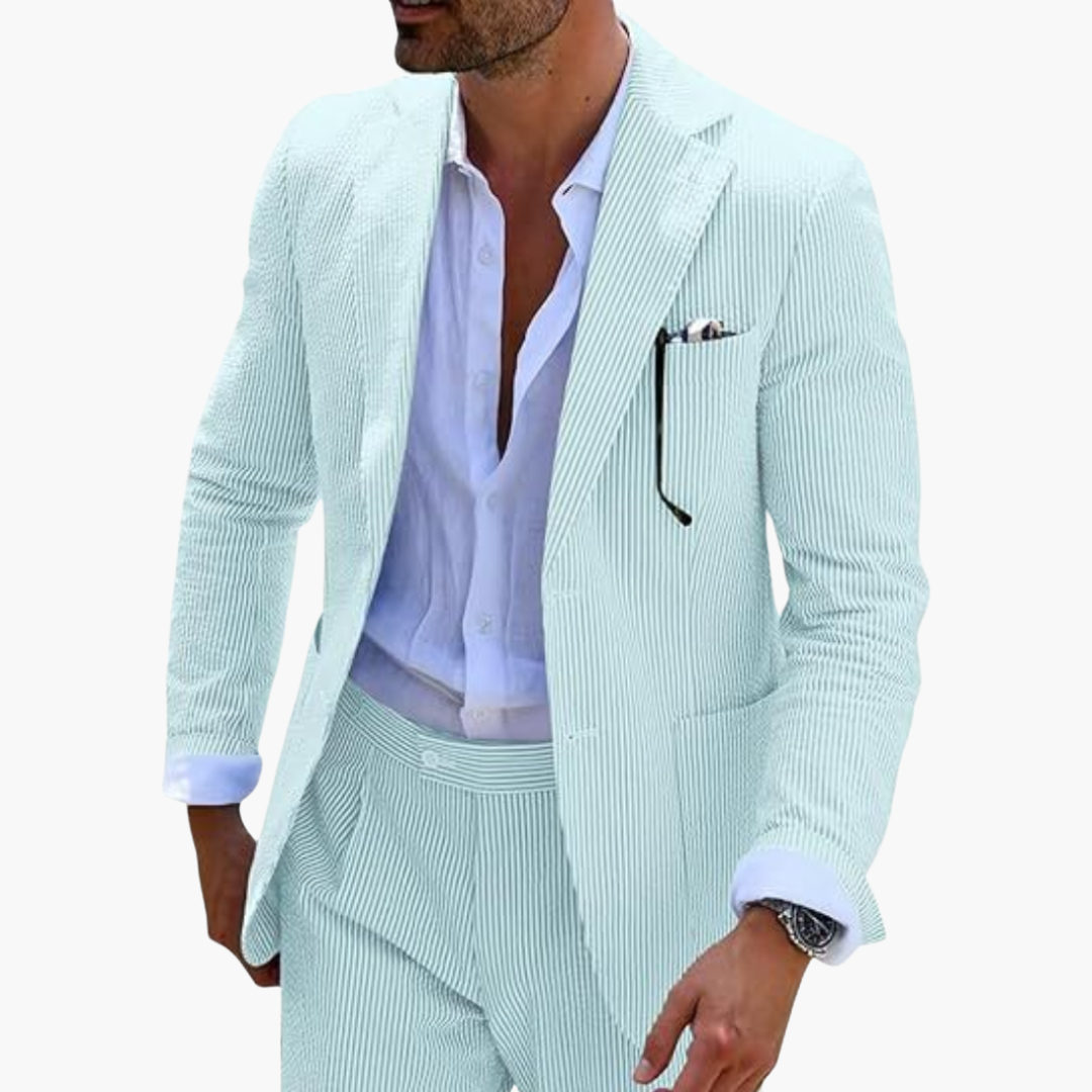 1_a61730bd-499f-47ab-9f2c-60e2bddee03d.png Men's Summer Suit Two-Piece with Pinstripes and Slim Fit - Image 1