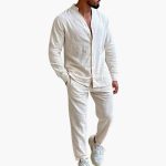 Men's Two-Piece Linen Set with Long Sleeve Shirt and Pants - Image 2