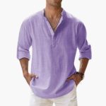 Casual Men's Linen Shirt – Long Sleeve, Henley Style - Image 8