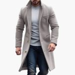 Men's Long Coat with Notched Lapel and Button Closure - Image 3