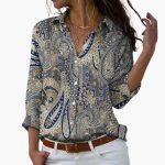 Flower Print Women's Blouse with Button Placket and V-Neck - Image 3