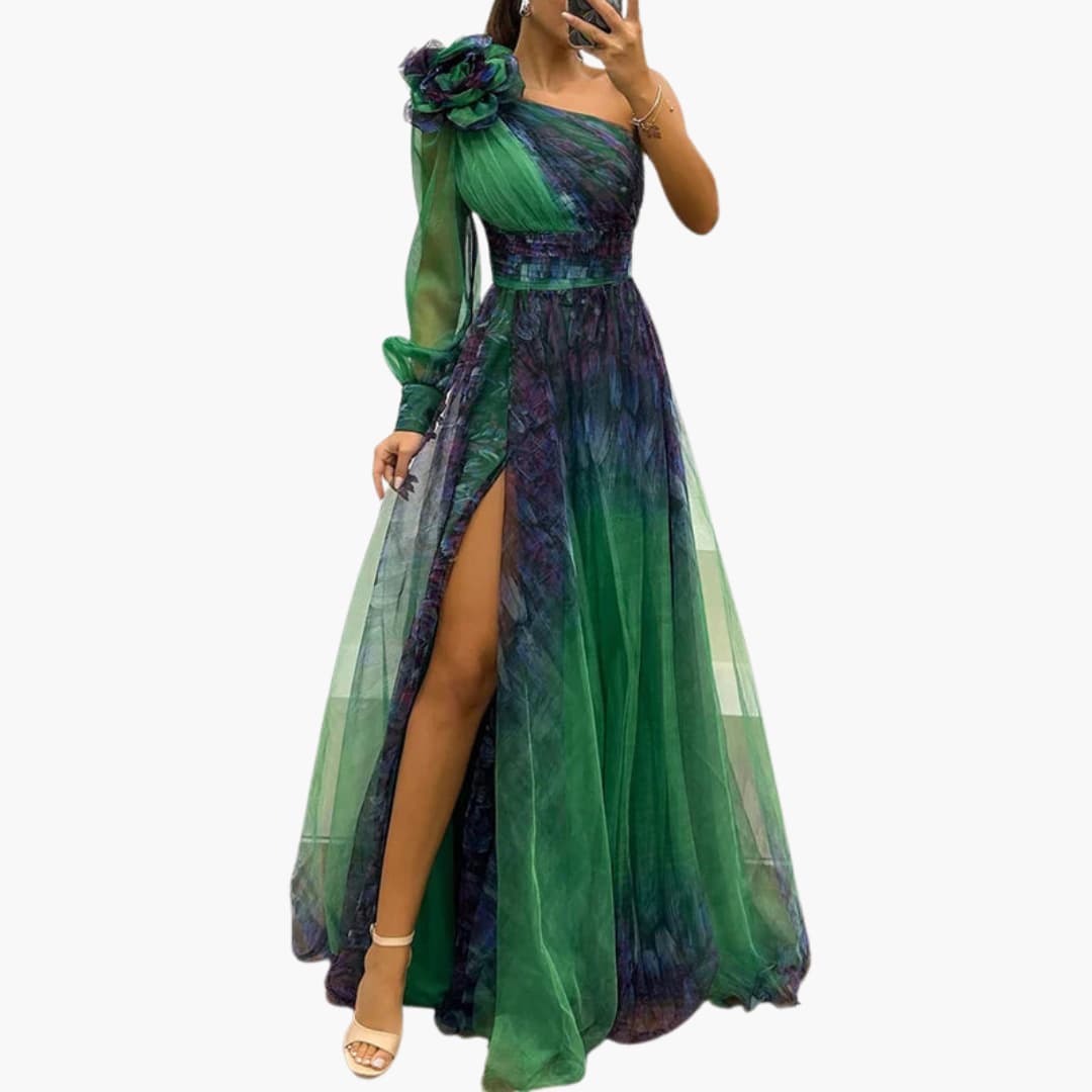 2_5_97302e5f-5a48-4dae-93c3-0a725448b6d5.jpg One-Shoulder Maxi Dress with Mesh Print - Women's Evening Wear - Image 1