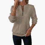 Women's pullover with zipper at the neckline and cable knit surface - Image 10