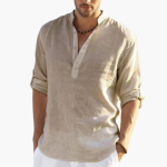 Stand Collar Linen Shirt with Button Placket for Men - Image 4