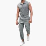 Sleeveless Jumpsuit for Men with Cargo Pockets and Button Placket - Image 3