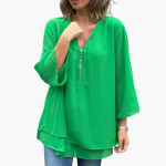 Half-Zip Long Sleeve Shirt - Women's V-Neck Casual Top - Image 2