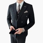 Men's Three-Piece Suit with Check Pattern and Lapel Collar