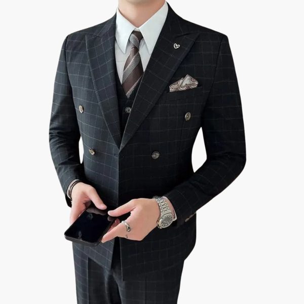 Men's Three-Piece Suit with Check Pattern and Lapel Collar