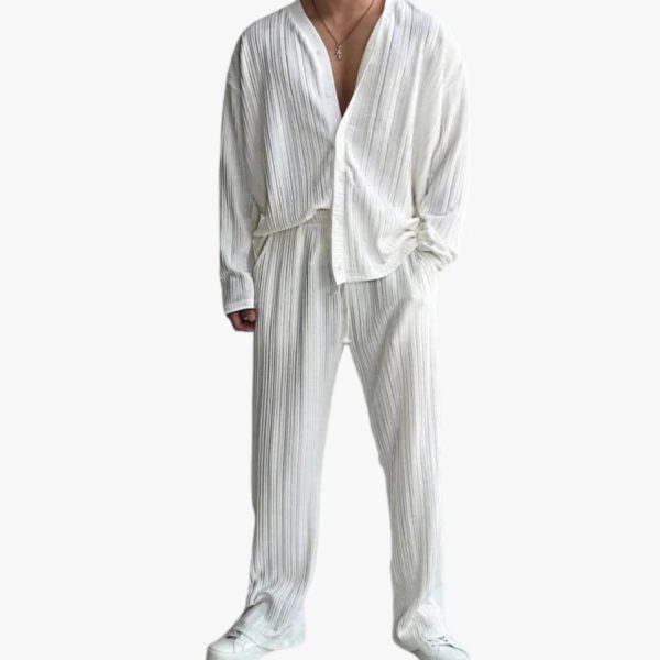 Men's Pleated Texture Set with Long Sleeve Shirt and Pants