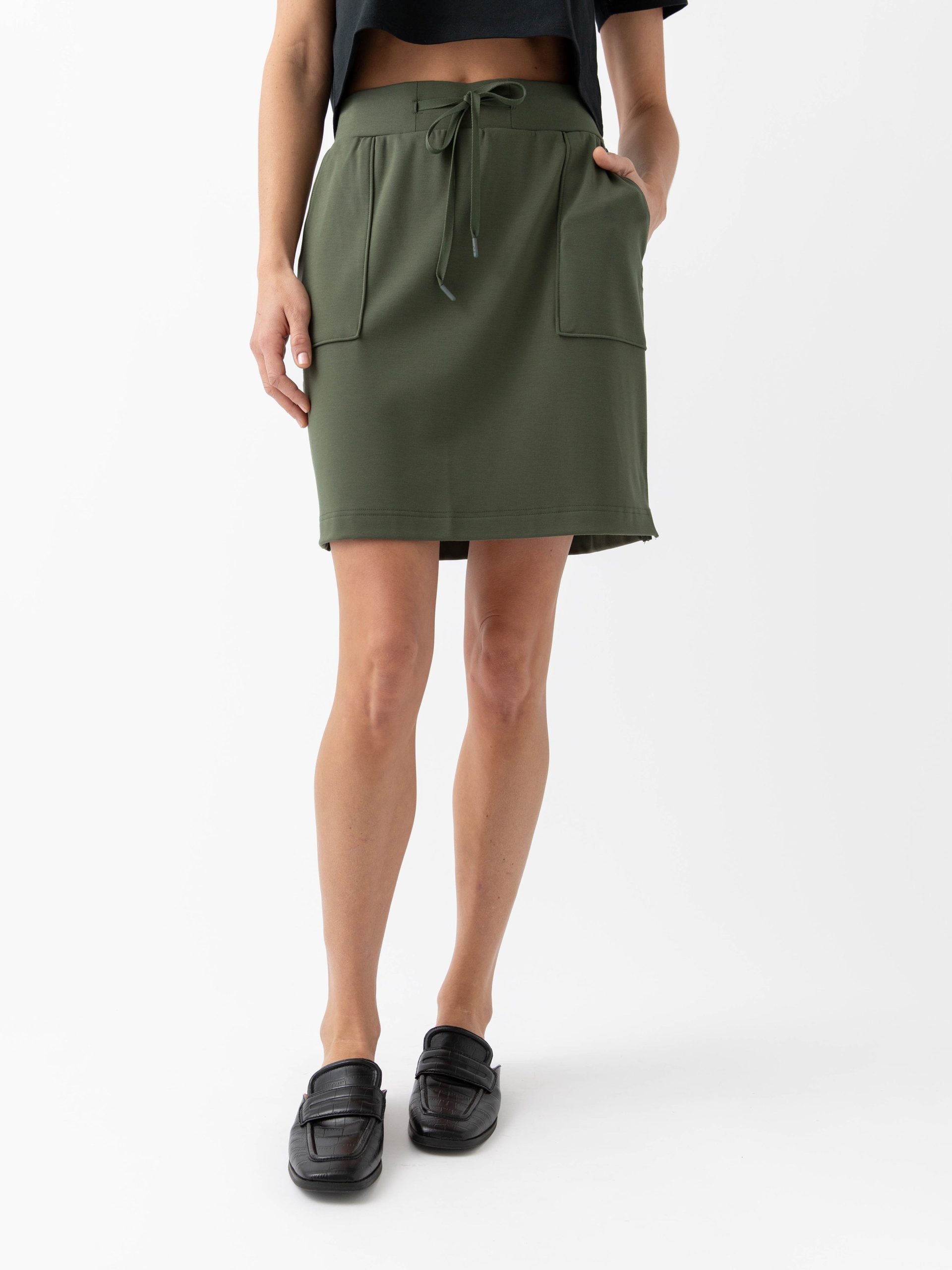 2_Olive_brushedbambooskirt.jpg Women's Brushed Bamboo Patch Pocket Skirt - Last Chance - Image 1