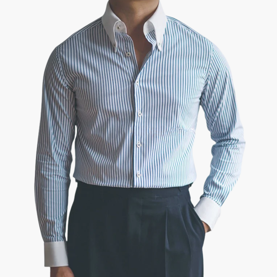 2_e34fec67-7b15-4a86-abc2-92e130ced0ed.png Striped Men's Shirt with Contrast Collar and Buttoned Cuffs - Image 1
