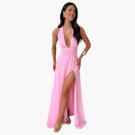 Maxi Dress with Slit & Halter Neck - Women's Evening Wear - Image 2