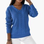 Women's Pullover with V-Neck and Cable Knit Surface - Image 3