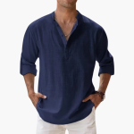 Casual Men's Linen Shirt – Long Sleeve, Henley Style - Image 3