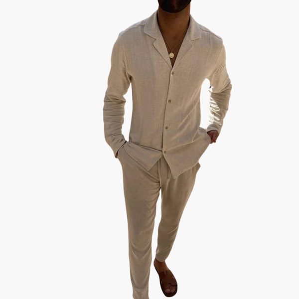 Men's Two-Piece Set with Long Sleeve Shirt and Pants for Spring Summer