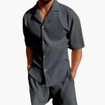 Men's Summer Set Made of Textured Fabric with Short-Sleeve Shirt - Image 4