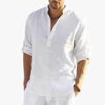 Stand Collar Linen Shirt with Button Placket for Men - Image 5