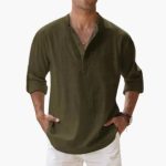 Casual Men's Linen Shirt – Long Sleeve, Henley Style - Image 10