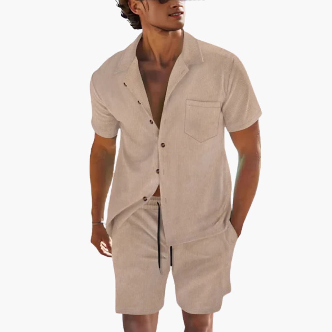 3_31_ccbf11c8-2b07-4ee2-84eb-ba16d2511505.jpg Men's Summer Set with Short Sleeve Shirt and Drawstring Shorts - Image 1