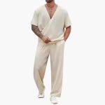 Men's Summer Two-Piece Set with V-Neck and Long Pants - Image 2