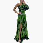 Striped One-Shoulder - Women's Elegant Maxi Dress with Slit - Image 3