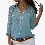 Flower Print Women's Blouse with Button Placket and V-Neck - Image 2