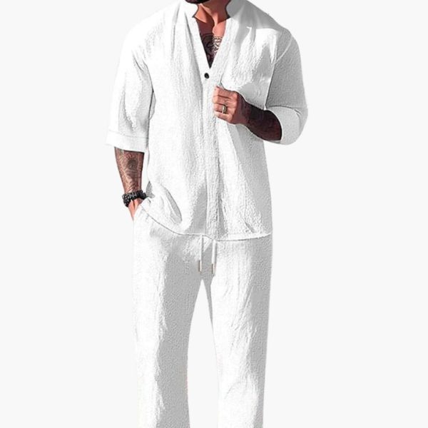 Men's Summer Two-Piece Set with Drawstring Pants and Long Sleeve Shirt