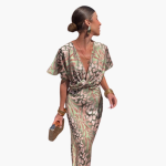 Women's Ankle-Length Dress with V-Neck and Knotted Front Detail - Image 3