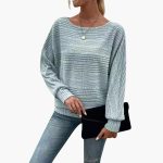 Women's Sweater with Boat Neck and Striped Surface - Image 2
