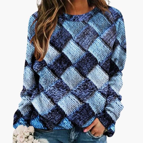 Women's Sweater with Colorful Patchwork and Round Neck