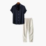 Men's Summer Pajama Set with Short Sleeve Shirt and Long Pants