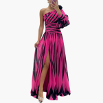 Striped One-Shoulder - Women's Elegant Maxi Dress with Slit - Image 4
