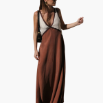 Light V-Neck Maxi Dress for Women - Color Block Design - Image 4