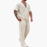 Men's Summer Two-Piece Set with V-Neck and Long Pants - Image 3